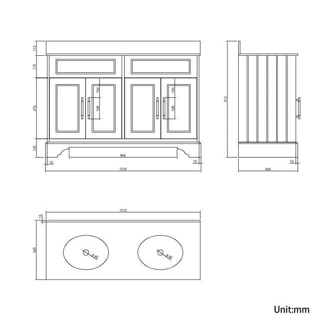 Lucia Inky Blue Double Vanity with Marble Top & Undermount Basins 1200mm - Brass Knurled Handles