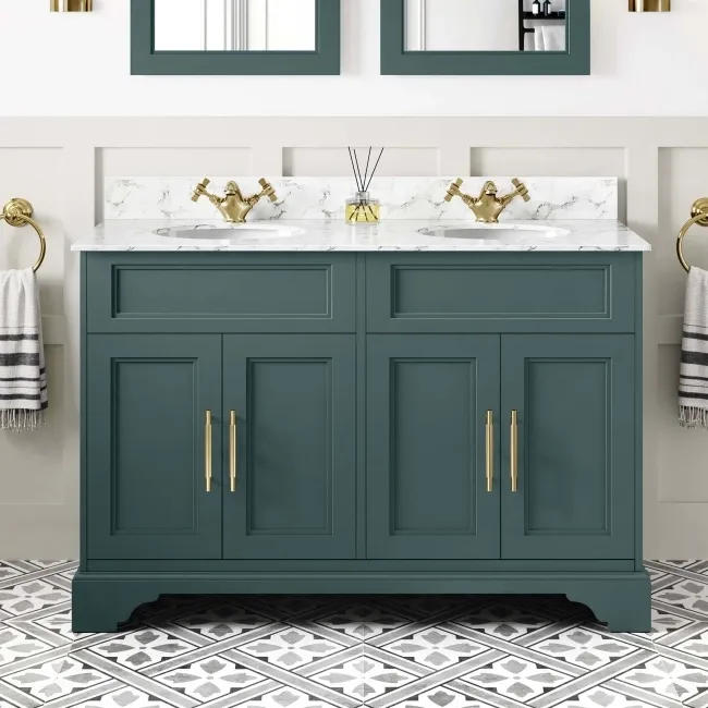 Lucia Midnight Green Double Vanity with Marble Top & Undermount Basins 1200mm - Brass Knurled Handles