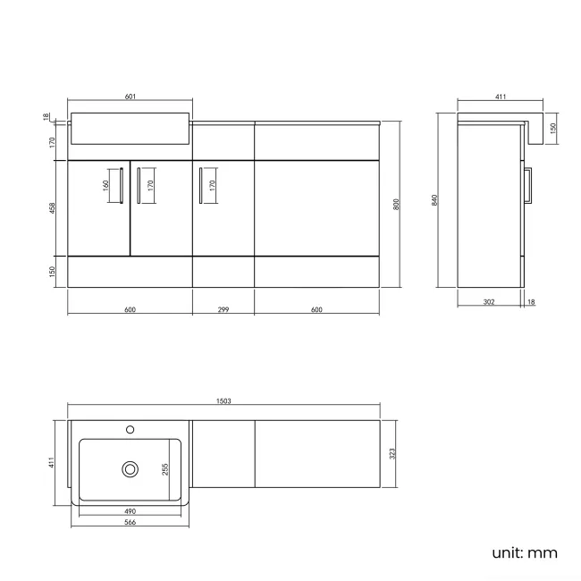 Harper Navy Blue Combination Vanity Basin 1500mm - Excludes Toilet