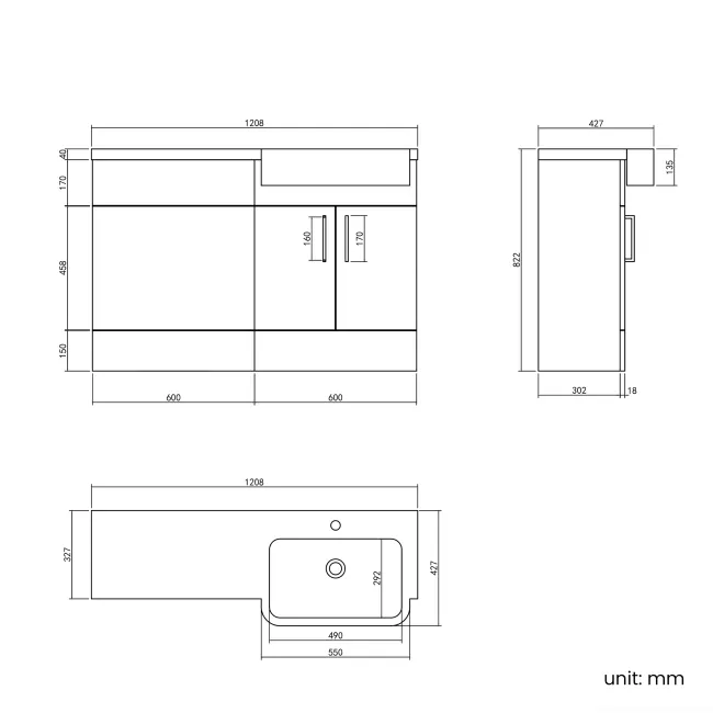 Harper Navy Blue Basin Vanity and Back To Wall Toilet Unit 1200mm (Excludes Toilet) - Brushed Brass Accents - Right Handed