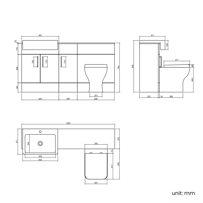 Harper Navy Blue Combination Vanity Basin with Marble Top & Houston Toilet 1500mm - Brushed Brass Accents