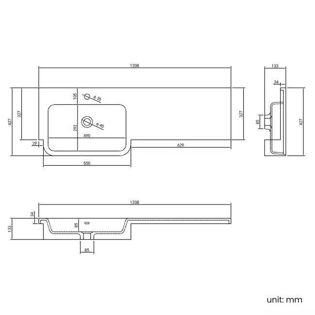 Foster Tungsten Grey Basin Vanity With Back To Wall Unit 1200mm (Excludes Toilet) - Left Handed