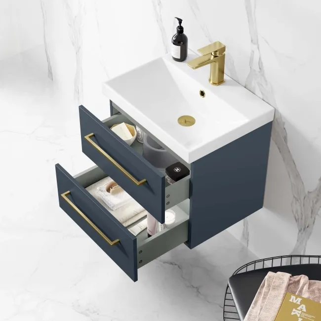 Elba Inky Blue Wall Hung Basin Drawer Vanity 500mm - Brushed Brass Accents
