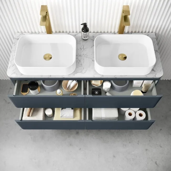 Corsica Inky Blue Wall Hung Drawer Vanity with Marble Top & Marin Basin 1200mm