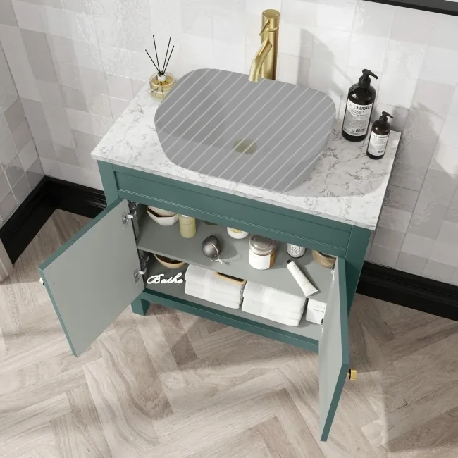 Bermuda Midnight Green Cabinet with Marble Top 800mm (Excludes Counter Top Basin) - Brushed Brass Accents