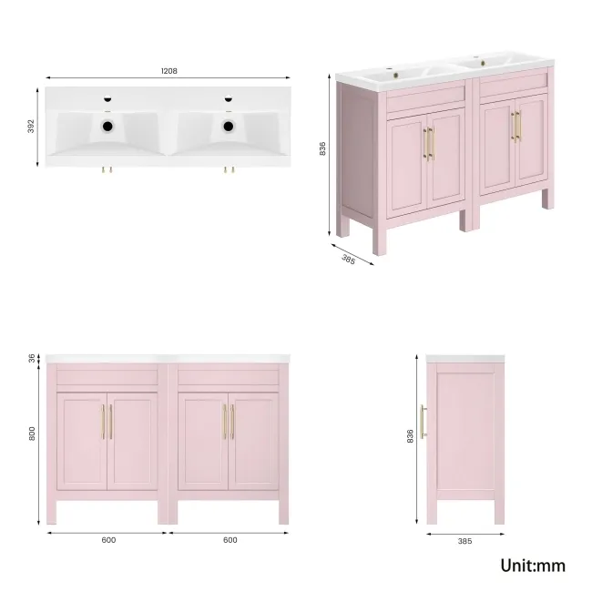 Bermuda Cashmere Pink Double Basin Vanity 1200mm - Brass Knurled Handles