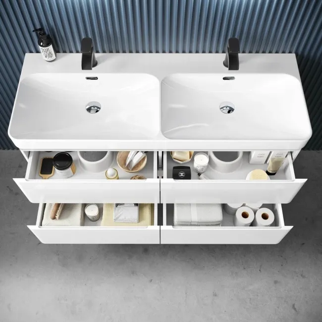 Corsica Gloss White Wall Hung Double Basin Drawer Vanity 1200mm