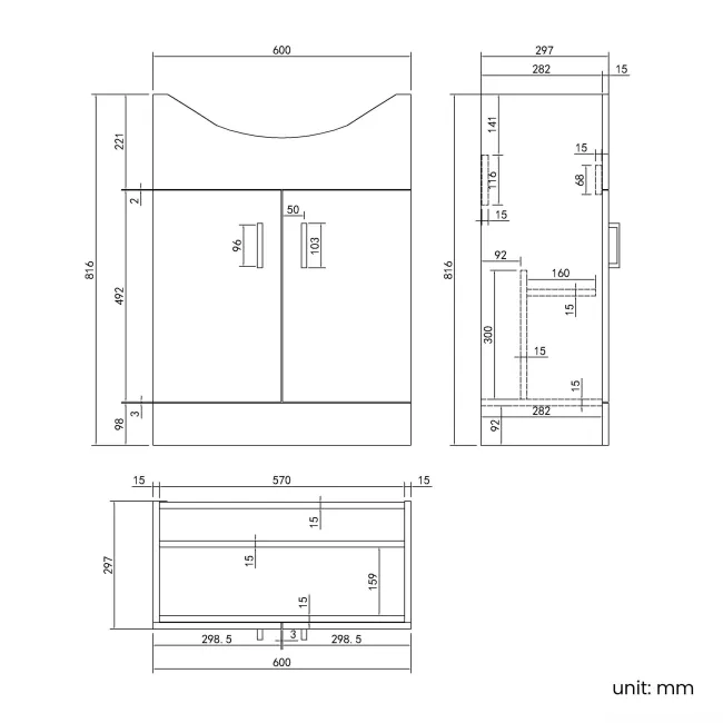 Quartz Gloss White Vanity with Semi Recessed Basin 650mm