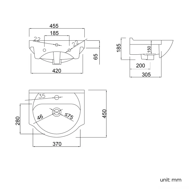 Quartz Gloss White Cloakroom Vanity with Semi Recessed Basin 450mm - Black Accents