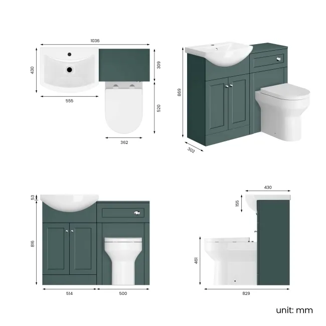 Capri Mystic Green Combination Vanity Basin and Denver Toilet 1050mm - Chrome Handles
