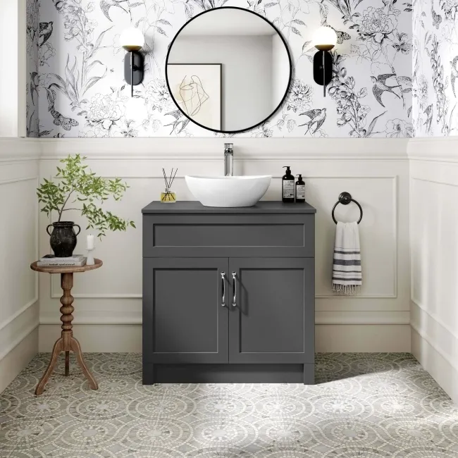 Milos Slate Grey Vanity with Oval Basin 800mm - Traditional Handles