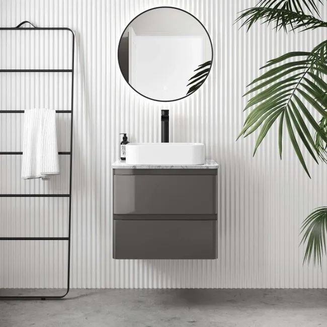 Corsica Tungsten Grey Wall Hung Drawer Vanity with Marble Top & Marin Basin 600mm