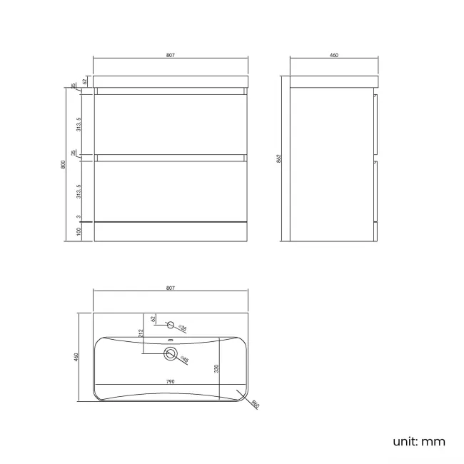 Corsica Tungsten Grey Basin Drawer Vanity 800mm