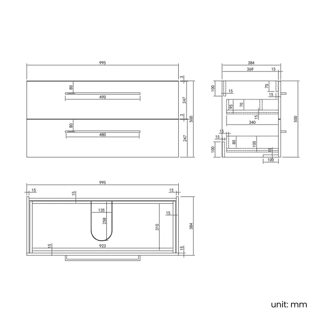 Elba Graphite Grey Wall Hung Basin Drawer Vanity 1000mm - Black Accents