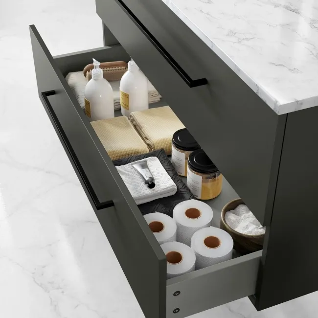Elba Graphite Grey Wall Hung Drawer Vanity with Marble Top & Cody Basin 1000mm - Black Accents