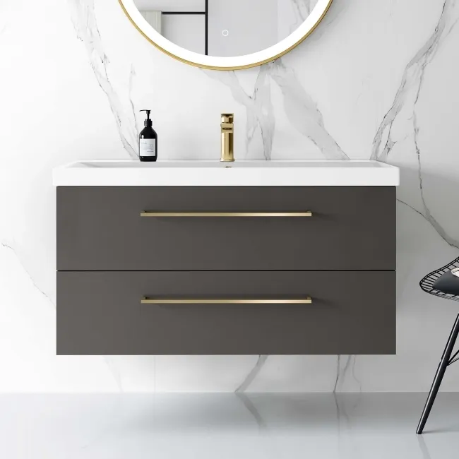Elba Graphite Grey Wall Hung Basin Drawer Vanity 1000mm - Brushed Brass Accents