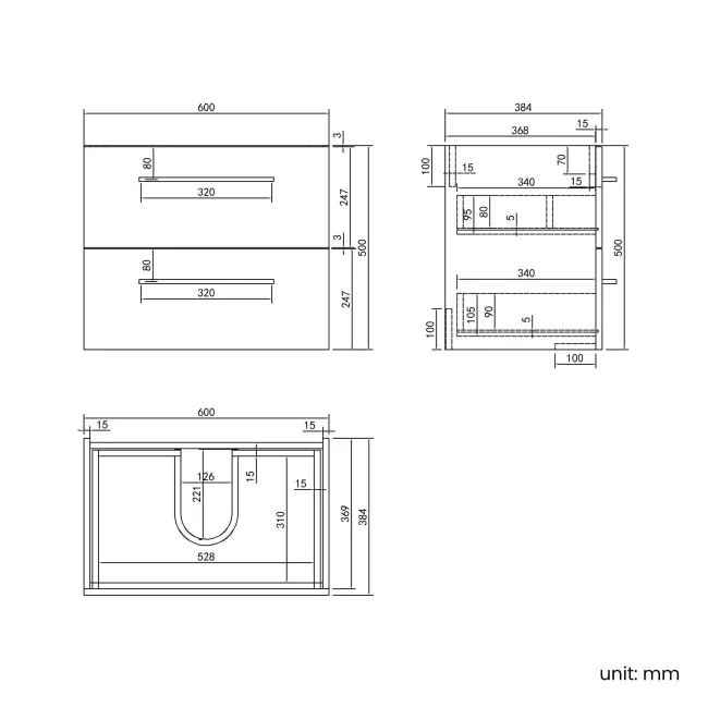 Elba Matt Black Wall Hung Basin Drawer Vanity 600mm with Matt Black Stand