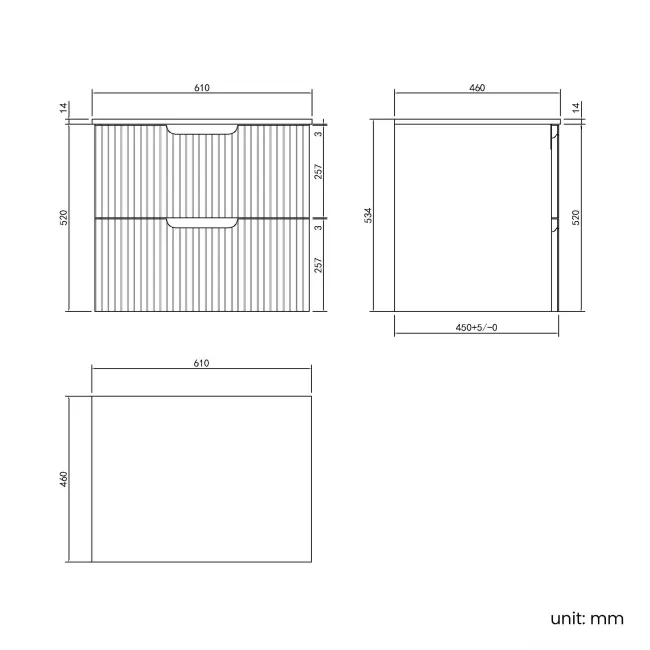 Crete Fluted Apex Oak Wall Hung Drawer Vanity with Marble Top 600mm - Excludes Counter Top Basin