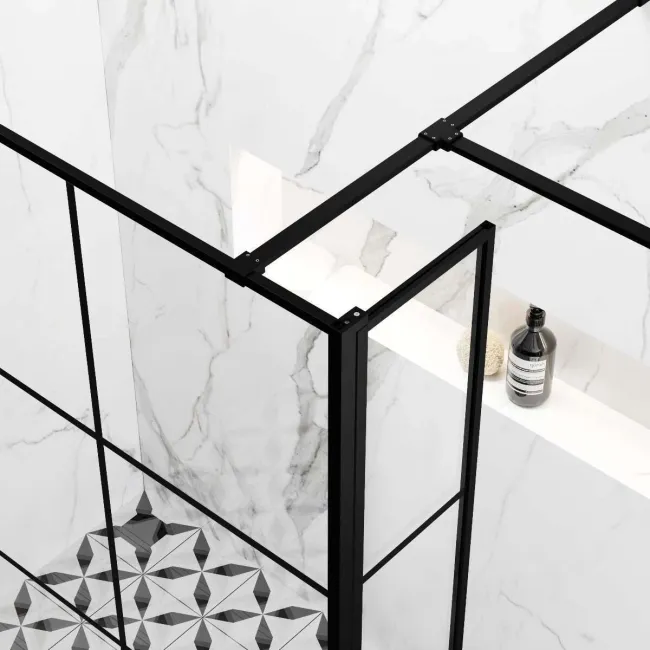 Munich Matt Black Grid 8mm Walk In Shower Enclosure 1000mm & 800mm Glass with Pivotal Return Panel
