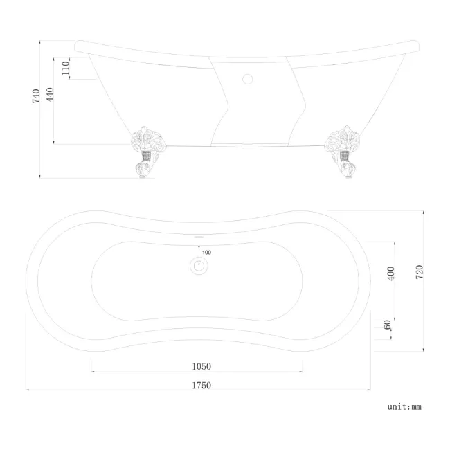 Tonbridge 1750mm Roll Top Bath - Black Ball Feet