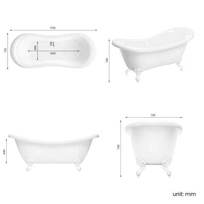 Tonbridge 1750mm Roll Top Bath - White Ball Feet