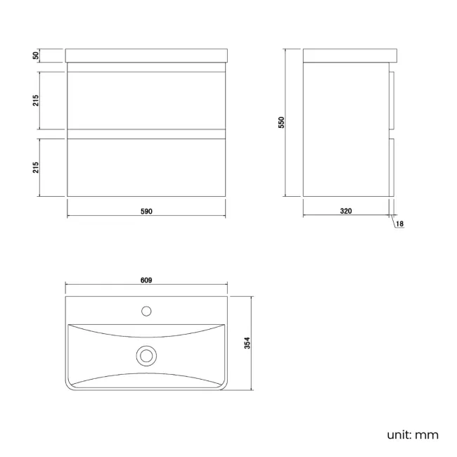 Corsica Storm Grey Wall Hung Slimline Basin Drawer Vanity 600mm