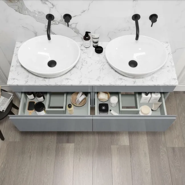 Trent Stone Grey Double Wall Hung Drawer Vanity with Marble Top & Oval Counter Top Basin 1200mm