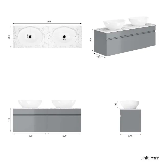 Trent Stone Grey Double Wall Hung Drawer Vanity with Marble Top & Oval Counter Top Basin 1200mm