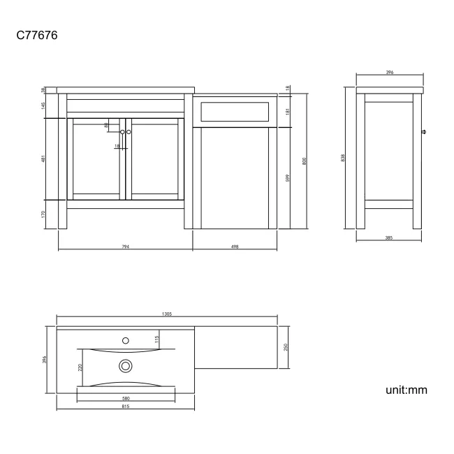 Bermuda Graphite Grey Basin Vanity Drawer and Back To Wall Toilet 1300mm (Excludes Pan & Cistern)