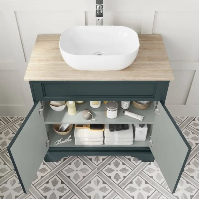 Lucia Inky Blue Vanity with Oak Effect Top & Curved Counter Top Basin 840mm