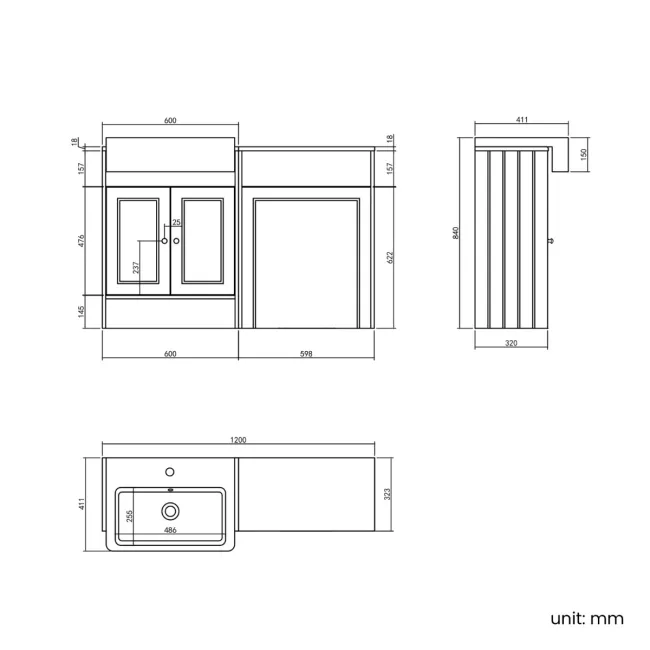 Monaco Dove Grey Basin Vanity and Back To Wall Toilet Unit 1200mm (Excludes Pan & Cistern) - Brushed Brass Accents