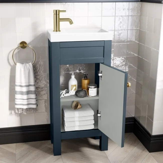Bermuda Inky Blue Cloakroom Basin Vanity 400mm - Brushed Brass Accents