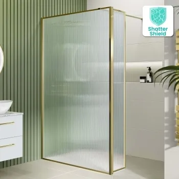 Munich Fluted Effect Brushed Brass 8mm Wet Room Shower Glass 1100mm & 250mm Pivotal Return Panel
