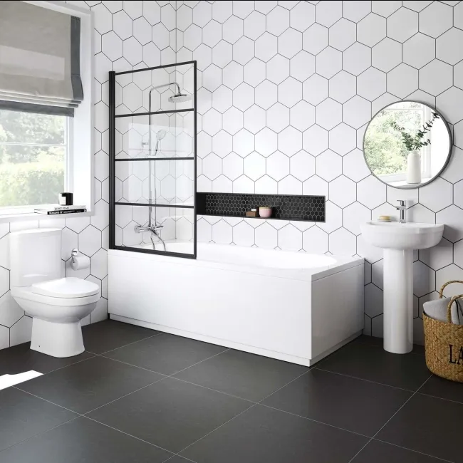 Zurich Easy Clean Matt Black Grid Bath Screen - 800mm