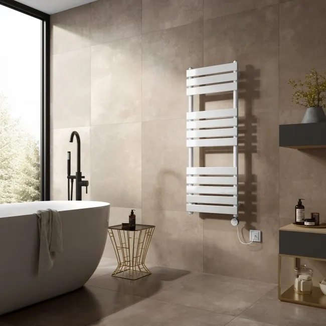 Santorini Electric White Flat Panel Heated Towel Rail 1200x450mm