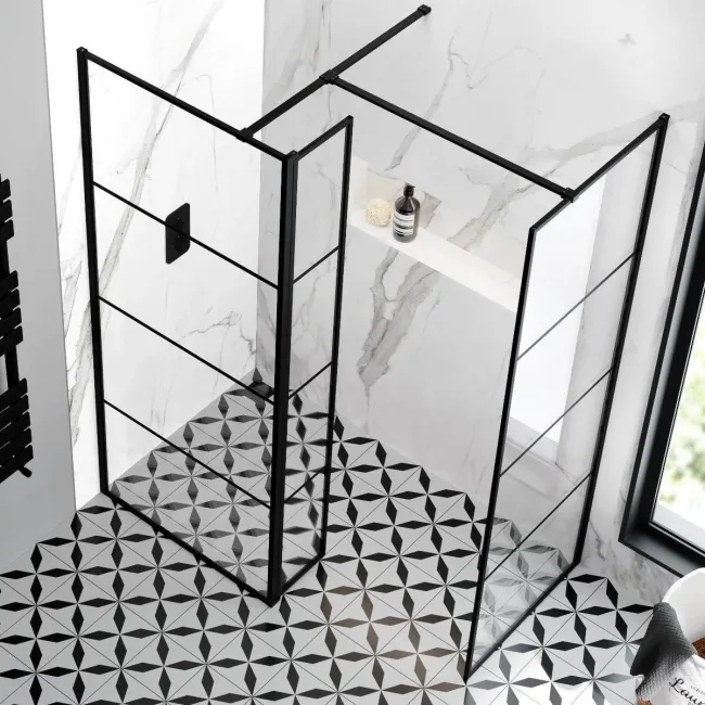 Munich Matt Black Grid 8mm Walk In Shower Enclosure 800mm & 700mm Glass with Pivotal Return Panel