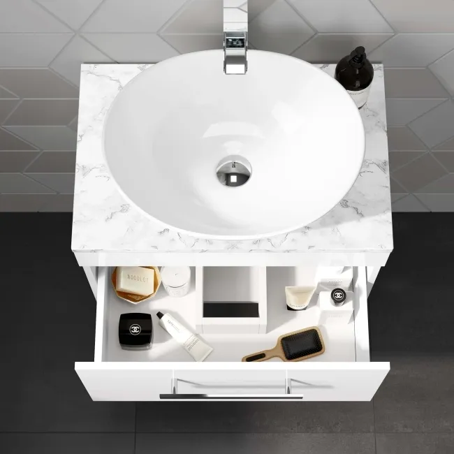 Avon Gloss White Wall Hung Drawer Vanity with Marble Top & Oval Counter Top Basin 600mm