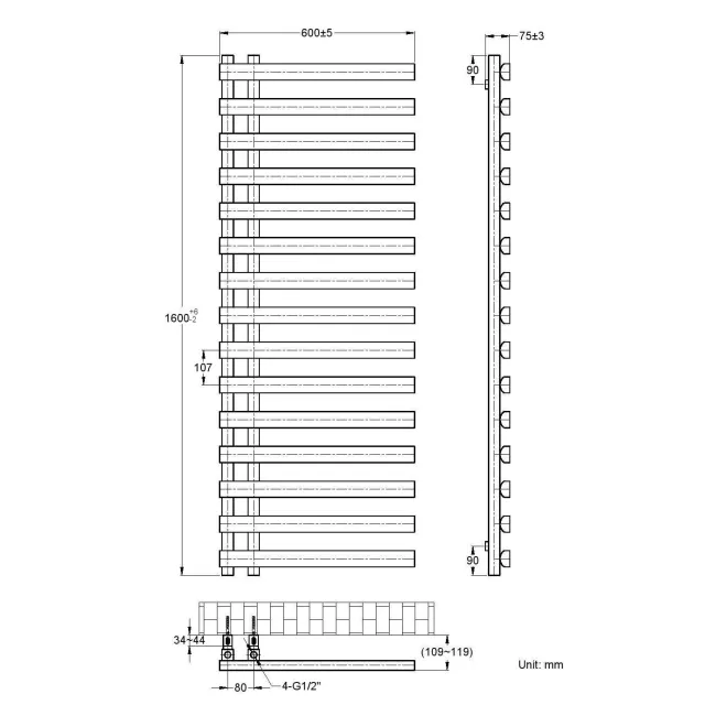 Palermo Matt Black Designer Heated Towel Rail 1600x600mm