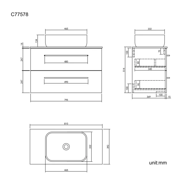 Elba Charcoal Elm Wall Hung Drawer Vanity with Marble Top & Curved Counter Top Basin 800mm - Black Accents