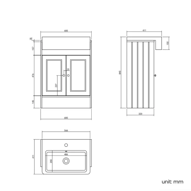 Monaco Chalk White Basin Vanity 600mm