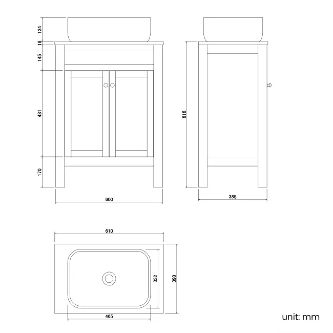 Bermuda Dove Grey Vanity With Curved Counter Top Basin 600mm