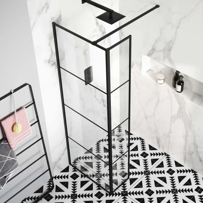 Munich Matt Black Grid 8mm Wet Room Shower Glass 700mm & 250mm Return Panel