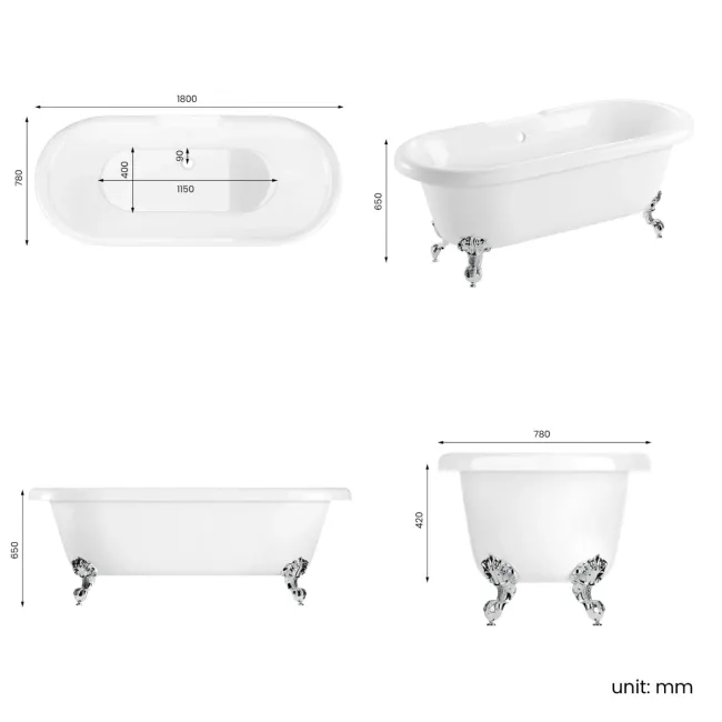 Grosvenor 1800mm Roll Top Bath - Chrome Ball Feet
