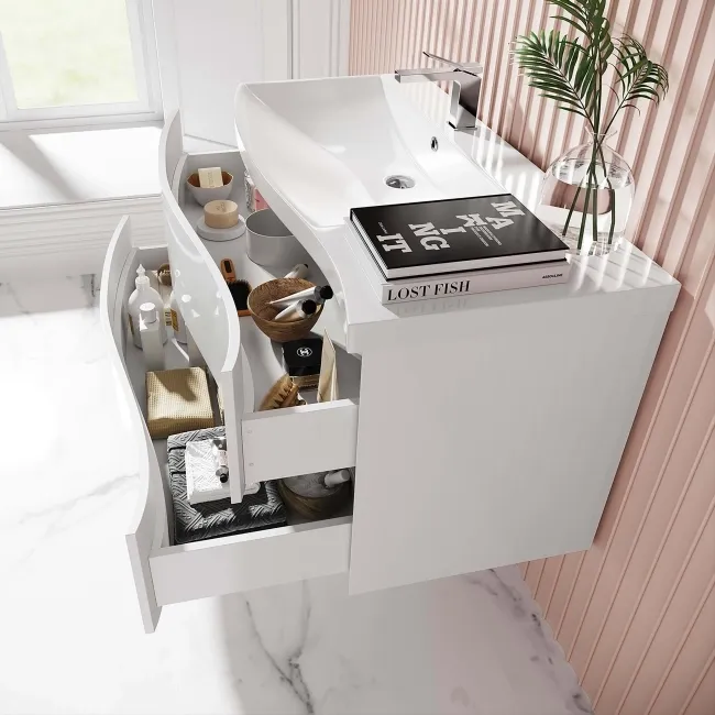 Bali Gloss White Wall Hung Basin Drawer Vanity 1000mm -left Handed