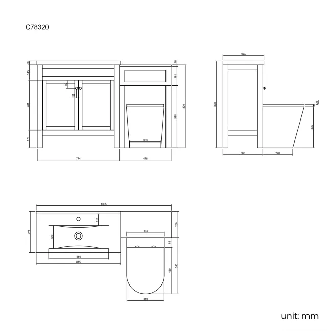 Bermuda Chalk White Combination Vanity Basin and Boston Toilet 1300mm
