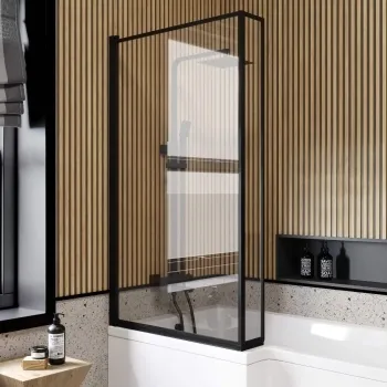 Zurich Easy Clean Matt Black Framed L Shaped Bath Screen - 800mm