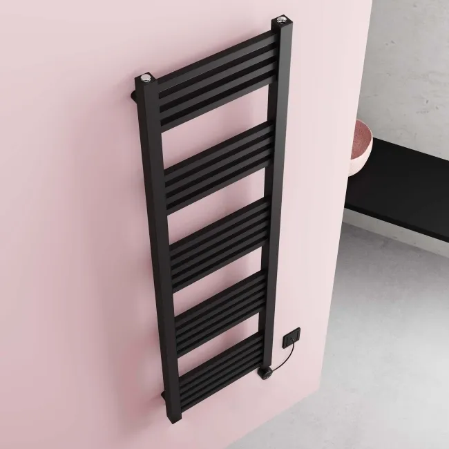 Valetta Electric Matt Black Square Heated Towel Rail 1600x450mm