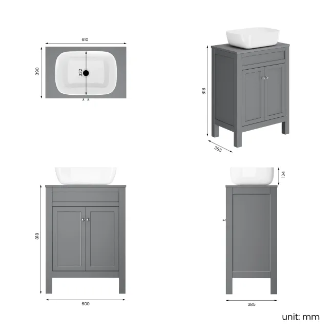 Bermuda Dove Grey Vanity With Curved Counter Top Basin 600mm
