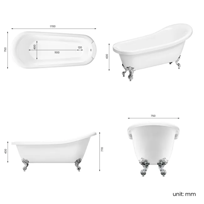Highbury 1700mm Roll Top Slipper Bath - Chrome Ball Feet
