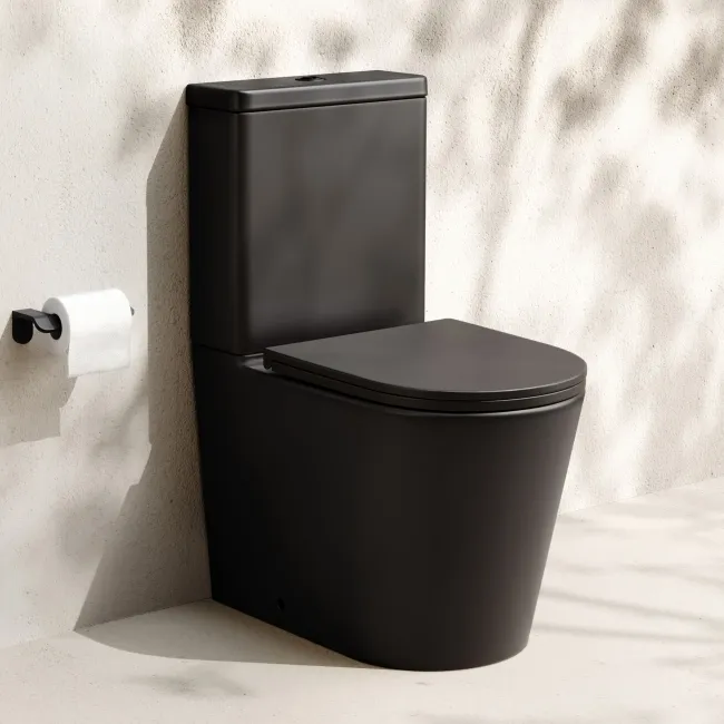 Loma Matt Black Rimless Fully Back To Wall Close Coupled Toilet With Premium Soft Close Slim Seat